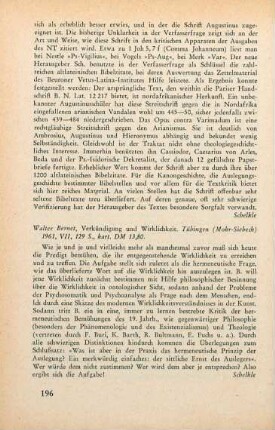 196 [Rezension] Bernet, Walter, Verkündigung und Wirklichkeit