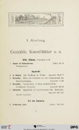 I. Abteilung. Gemälde, Kunstblätter u. a. (Nr. 1-226)