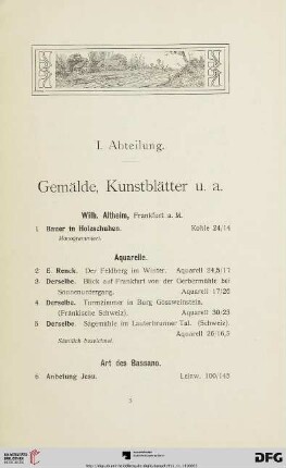 I. Abteilung. Gemälde, Kunstblätter u. a. (Nr. 1-226)