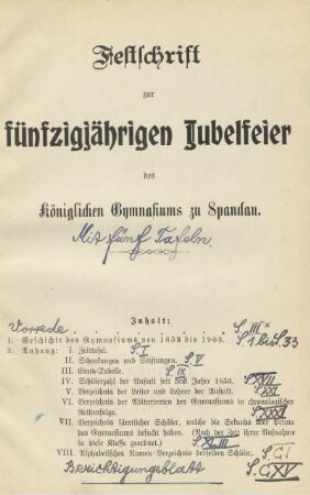 Festschrift zur fünfzigjährigen Jubelfeier des Königlichen Gymnasiums zu Spandau