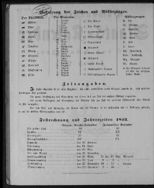 Festrechnung und Jahreszeiten 1852.