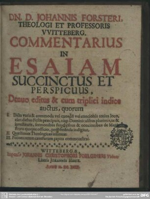 Jo. Forsteri Commentarius in Esaiam