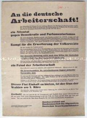 Propagandaflugblatt der Gewerkschaften u.a. zum Reichstagsbrand und zur Reichstagswahl am 5. März 1933