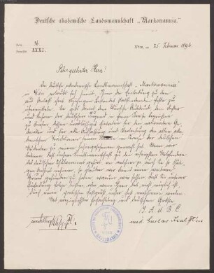 Felix Dahn (1834 - 1912) Nachlass: Brief der Deutsch-Akademische Landmannschaft "Markomannia" Wien an Felix Dahn- BSB Ana 580 Deutsch-Akademische Landmannschaft "Markomannia" Wien