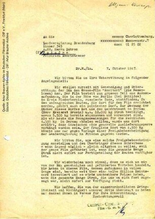 Brief von CCC an Landesregierung Brandenburg, 07.10.1947