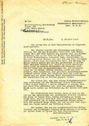 Brief von CCC an Landesregierung Brandenburg, 07.10.1947
