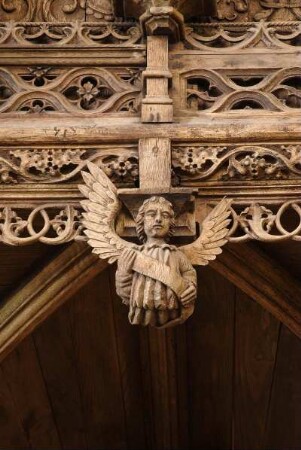 Frankreich. Bretagne. Finistere. Lambader. Chapelle Notre Dame. 15 Jahrhundert. Geschnitzter Lettner im Flamboyantstil. 1481