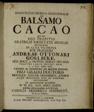 Disputatio Medica Inauguralis De Balsamo Cacao