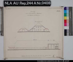 Vorder- und Seitenansicht vom Platzgebäude der Domäne Meerhusen im Forstort MEERHUSEN Kolorierte Zeichnung von Schwägermann Papier Format 40,0x34,6 M 1:230