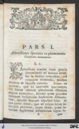 Pars I. Attractiones Speciales ex phenomenis Cohaesionis deducuntur.