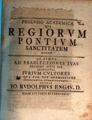 Prolusio acad. qua regiorvm pontivm sanctitatem docet, ac simvl ad praelectiones svas