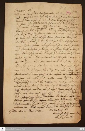 Brief von August Hermann Francke an Johann Wilhelm Petersen.