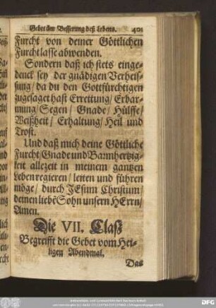 Die VII. Claß Begreifft die Gebet vom Heiligen Abendmal.