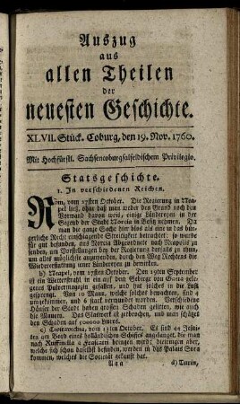 XLVII. Stück. Coburg, den 19. Nov. 1760.