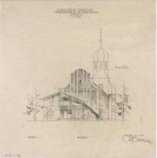 Gsaenger, Gustav; Oberstdorf / Allgäu (Bayern); Ev. Kirche - Kirchenerweiterung u. Pfarramtsneubau, Südseite (Ansicht)