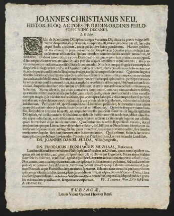 Joannes Christianus Neu, Histor. Eloq. Ac Poes. Pp. Ordin. Ordinis Philosoph. Nunc Decanus. L. B. Salut.