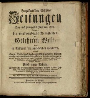 23: Franckfurtischer gelehrter Zeitungen Drey und zwanzigstes Jahr