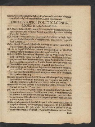 Libri Historici, Politici, Genealogici & Geographici.