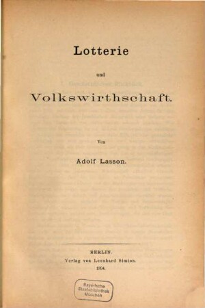 Lotterie und Volkswirthschaft