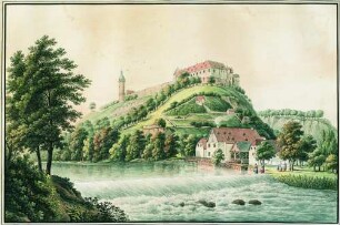 Umrissradierung "Burgmühle und Schloss Neuenburg von Südwesten"