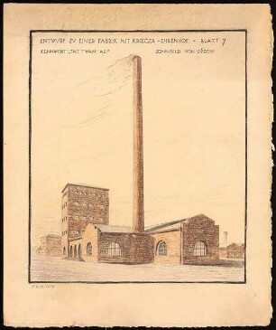 Kessel- und Maschinenhaus mit Gefallenenehrenmal Monatskonkurrenz März 1920: Perspektivische Ansicht