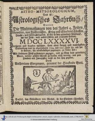 Astro-Meteorologicum, Das ist: Astrologisches Jarhbuch.