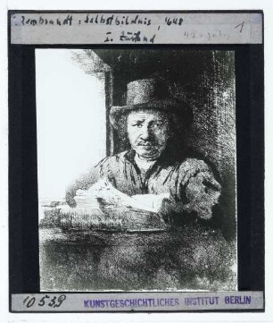 Rembrandt, Selbstbildnis, am Fenster arbeitend (Radierung B022)