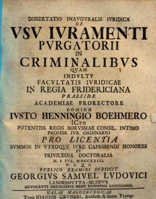 Dissertatio Inavgvralis Ivridica De Vsv Ivramenti Pvrgatorii In Criminalibvs