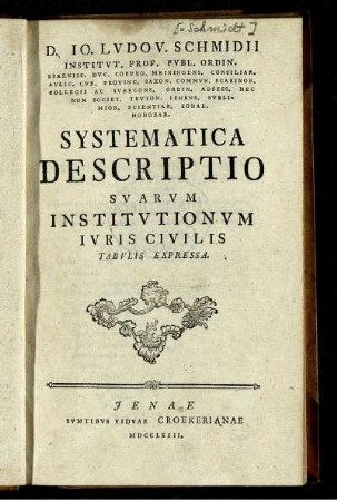 D. Io. Lvdov. Schmidii Institvt. Prof. Pvbl. Ordin. ... Systematica Descriptio Svarvm Institvtionvm Ivris Civilis Tabvlis Expressa.