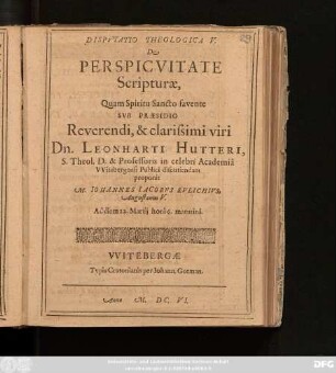 Disputatio Theologica V. De Perspicuitate Scripturae