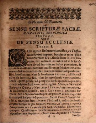 Collegium theologicum de sensu Sacrae Scripturae : inclusum sex disputationibus, Disp. theol. 2. Quae est de sensu ecclesiae