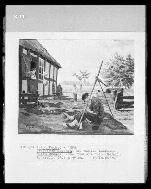 Beim Dengeln (des Häuslers Heini Maier; Preußisch-Ströhen, Kreis Minden-Lübbecke)