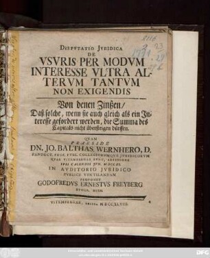 Dispvtatio Jvridica De Vsvris Per Modvm Interesse Vltra Altervm Tantvm Non Exigendis