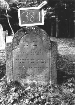 Grabstein 387 (Index: 99895819) Material: Sandstein Zustand: gut Maße HxBxT: 73x53x10 cm Beschreibung: Stele mit eingezogenem Rundbogenabschluss: Grabstein 387