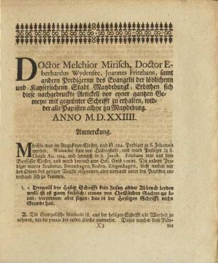 Doctor Melchior Mirisch, Doctor Eberhardus Wydensee, Joannes Fritzhans, samt andern Predigernn des Evangelii ...