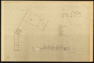Studienarbeiten: Preisarbeit, Entwurf für Kraftwagenhof, Werkstätten, Grundriss, Schnitt, Ansicht, 1:200