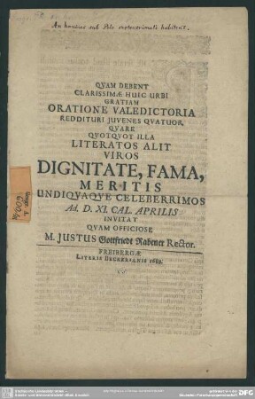 Quam debent clarissimae huic urbi gratiam oratione valedictoria redditure juvens quatuor ...