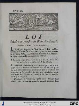 Loi Relative au sequestre des Biens des Emigrés.