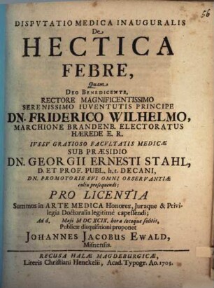 Dispvtatio medica inauguralis De hectica febre