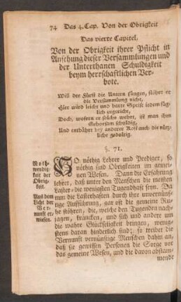 Das vierte Capitel, Von der Obrigkeit ihrer Pflicht in Ansehung dieser Versammlungen und der Unterthanen Schuldigkeit beym herrschaflichen Verbote.