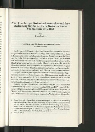 Zwei Hamburger Kolonisationsvereine und ihre Bedeutung für die deutsche Kolonisation in Südbrasilien 1846-1851
