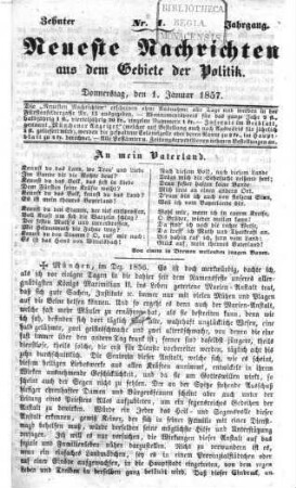 Neueste Nachrichten aus dem Gebiete der Politik. 1857 = Jg. 10, 1 - 3