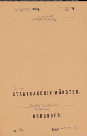 Dietrich von Plettenberg, Domkellner, und Lubbert Travelmann zu Ebbeling tauschen Ländereien des Erbes Broickmann und des Hauses Ebbeling. Siegelankündkigung und Unterschriften der tauschenden Parteien.