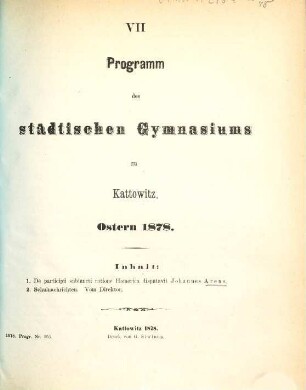 Programm des Städtischen Gymnasiums zu Kattowitz : Ostern .., 7. 1877/78