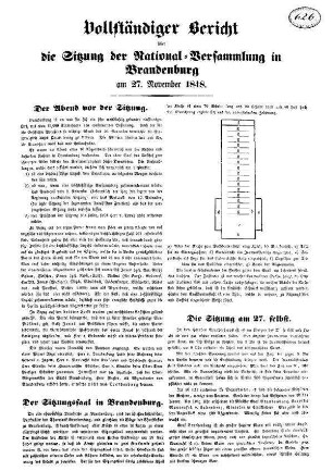 Vollständiger Bericht über die Sitzung der National=Versammmlung in Brandenburg am 27. November 1848.