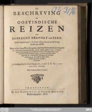 De Beschryving der Oostindische Reizen van Albrecht Herport van Bern.