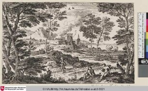 [Landschaft mit liegendem Paar im Vordergrund, im Hintergrund eine Burg; Landscape with a Chateau; Le château]