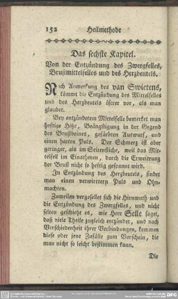 Das sechste Kapitel. Von der Entzündung des Zwergfelles, Brustmittelfelles und des Herzbeutels