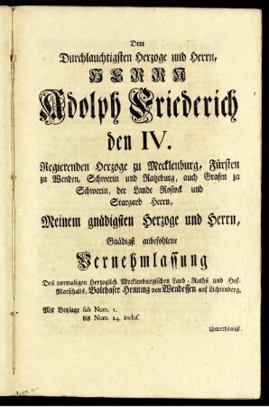 Dem Durchlauchtigsten Herzoge und Herrn, Herrn Adolph Friedrich den IV.