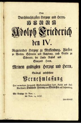 Dem Durchlauchtigsten Herzoge und Herrn, Herrn Adolph Friedrich den IV.